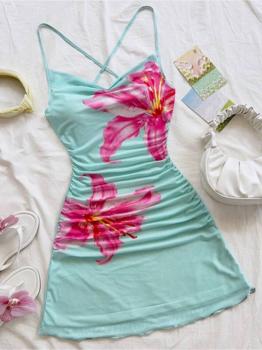 Aqua Floral Slip Dress with Pink Lily Print